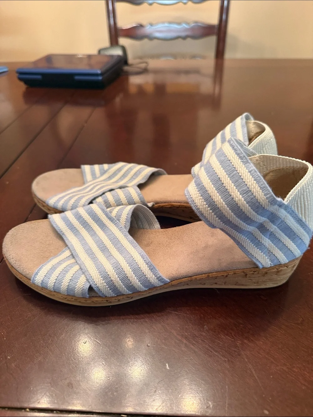 CHARLESTON SHOE CO. Light Blue & White Striped Espadrille Wedges